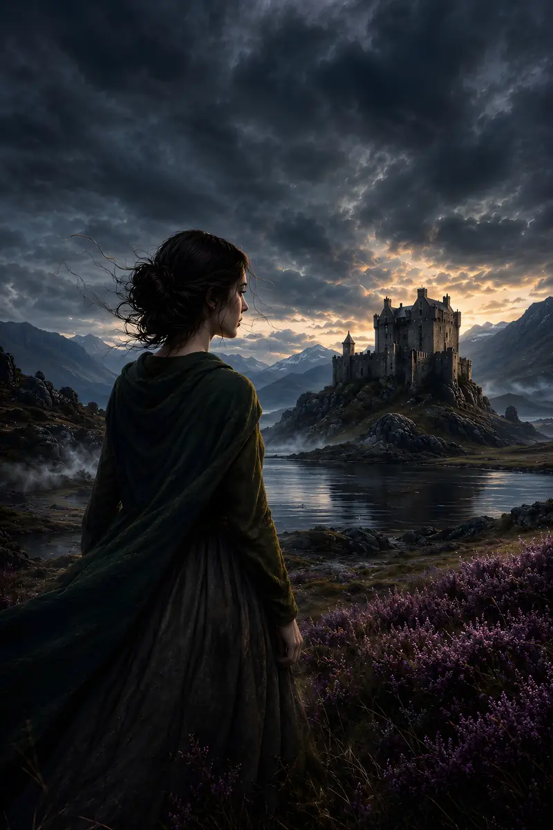 Frau mit dunklem Haar blickt über Heide und Loch auf eine Burg unter Sturmwolken