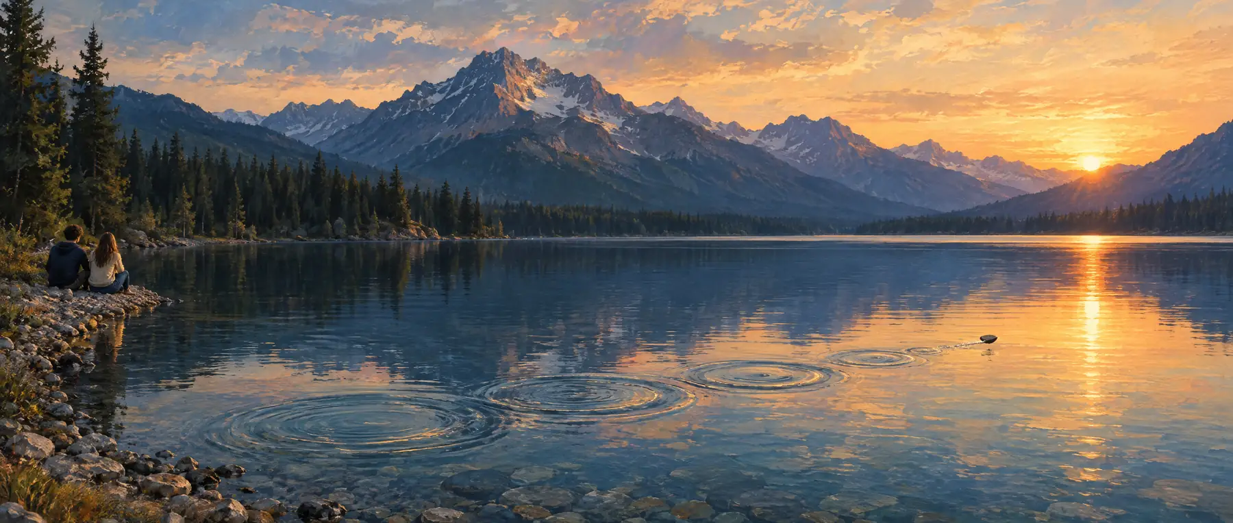 Gemälde bei Sonnenuntergang: Ein flacher Stein springt über einen stillen Bergsee und hinterlässt vier Ringe, am Ufer sitzen zwei junge Menschen von hinten gesehen