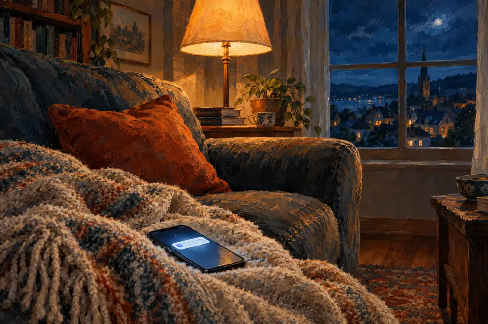 Gemälde am späten Abend: Auf einer Wolldecke auf dem Sofa leuchtet ein Handy mit einer neuen Nachricht, daneben eine Stehlampe und ein Fenster zur nächtlichen Kleinstadt