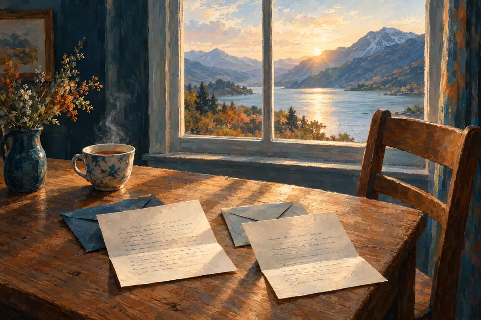 Gemälde im Morgenlicht: Zwei geöffnete Briefe liegen nebeneinander auf einem Küchentisch aus Holz, daneben eine Tasse Tee, durchs Fenster ein Bergsee