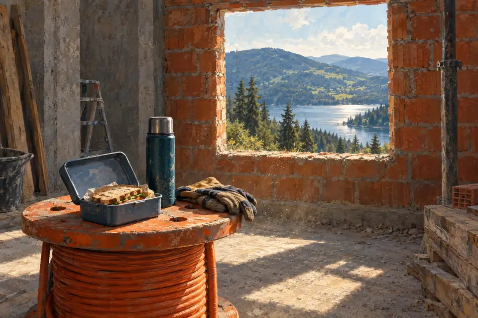 Gemälde: Im Rohbau dient eine orange Kabeltrommel als Tisch, darauf eine Brotdose, eine Thermoskanne und Arbeitshandschuhe, durch die Fensteröffnung sieht man Wald und See