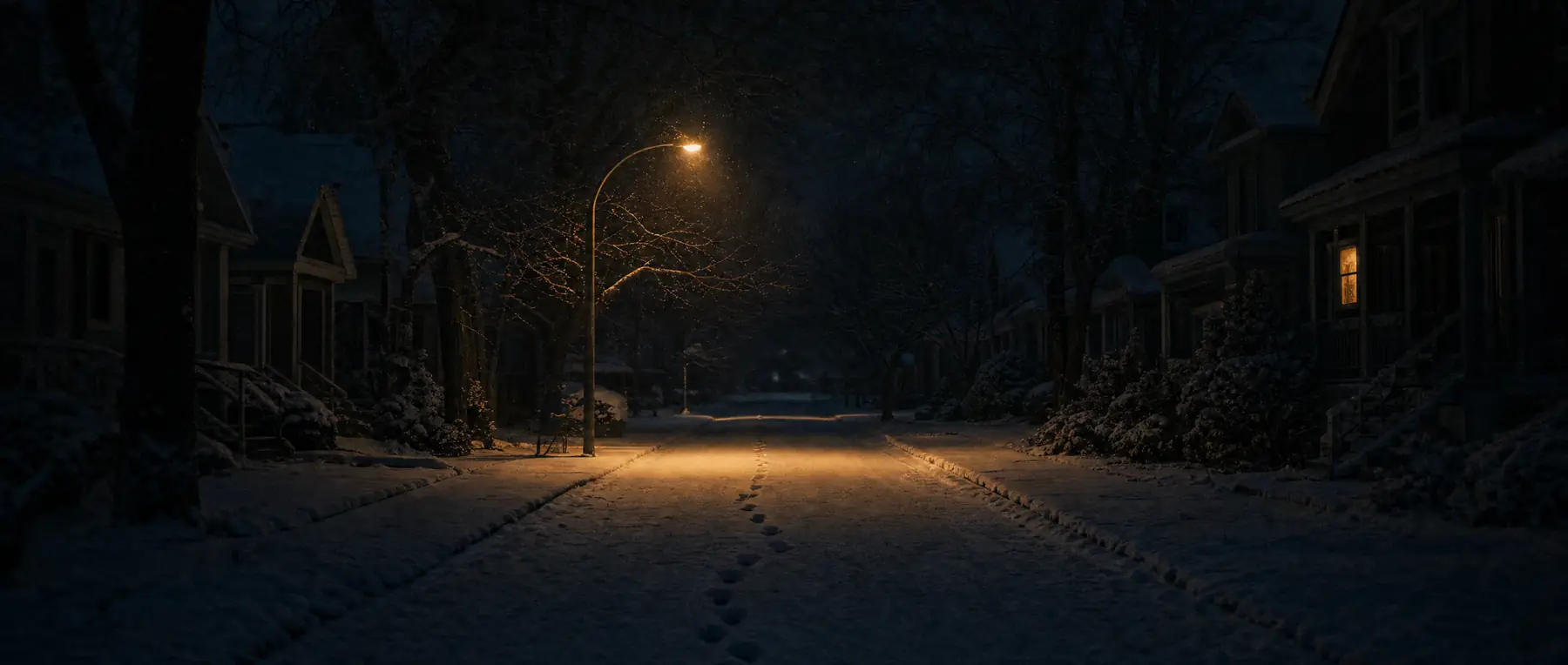 Leere verschneite Wohnstraße lange nach Mitternacht, eine Laterne wirft einen warmen Lichtkreis auf blauen Schnee, Fußspuren führen davon