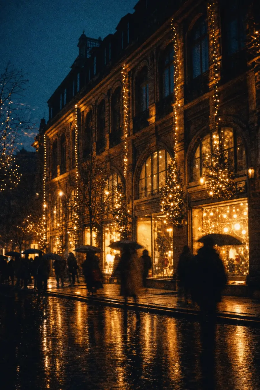 Winterliche Einkaufsstraße in der Dämmerung, erleuchtete Schaufenster, vorbeieilende Menschen als dunkle Silhouetten, nasser Asphalt spiegelt goldenes Licht