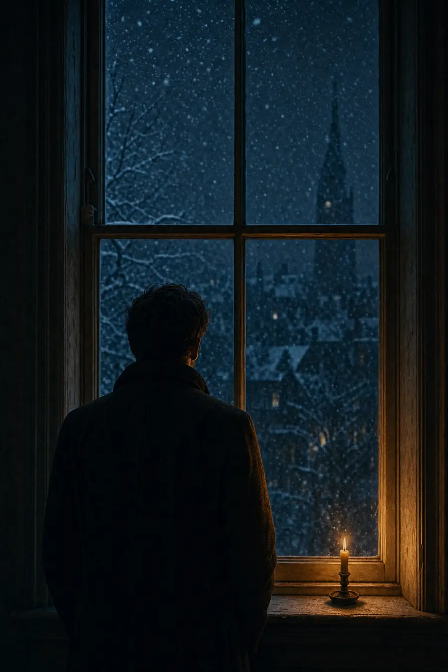Ein Mensch von hinten am hohen Fenster bei Nacht, eine Schulter von einer Kerze auf dem Fensterbrett beleuchtet, draußen fällt Schnee in der blauen Dunkelheit