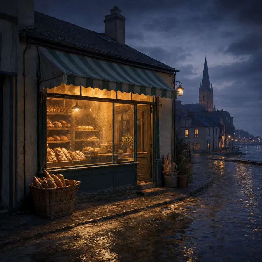 Kleine Bäckerei mit grün-weiß gestreifter Markise, das Schaufenster leuchtet golden in der Nacht vor dem Morgen