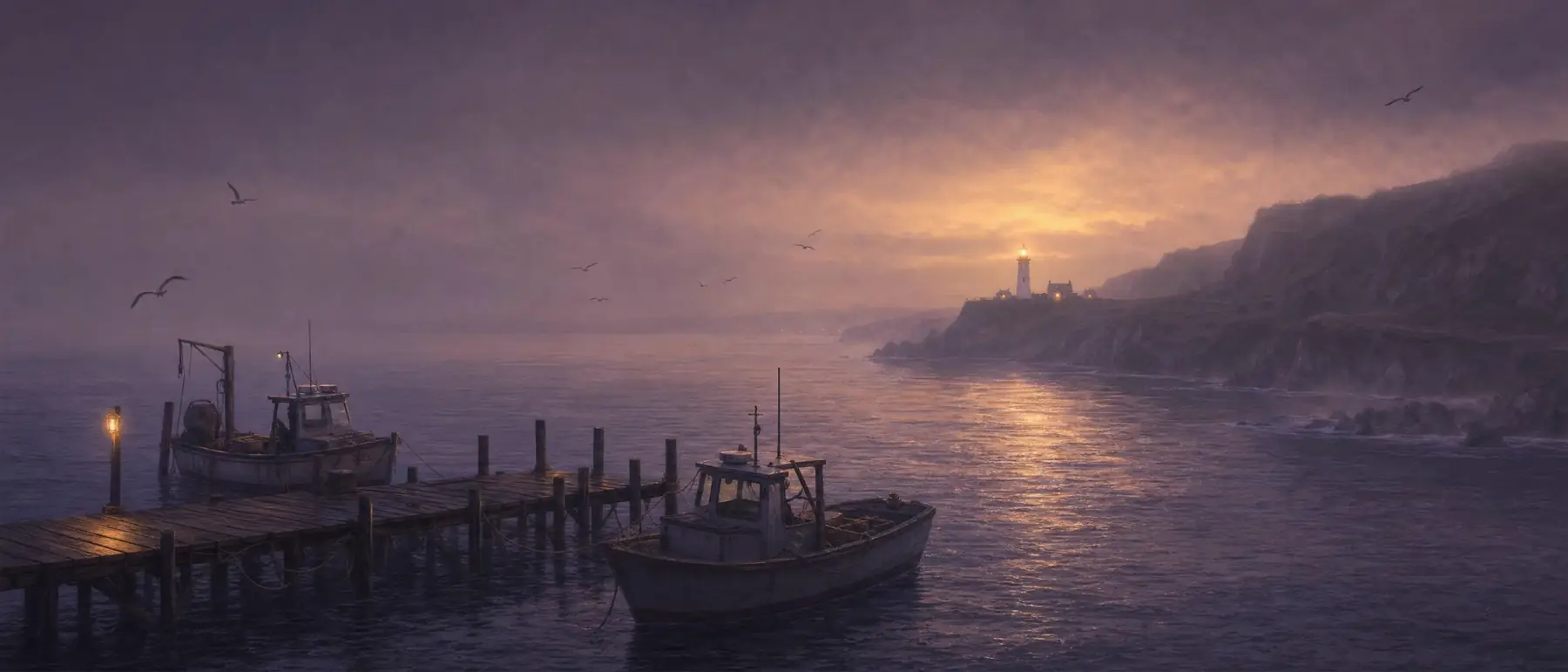 Stilles Meer im violetten Morgendunst, Fischerboote am Steg und in der Ferne ein Leuchtturm