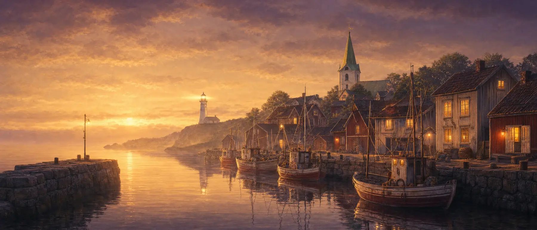 Hafen im Hochsommer im goldenen Abendlicht, Fischerboote liegen still auf spiegelglattem Wasser