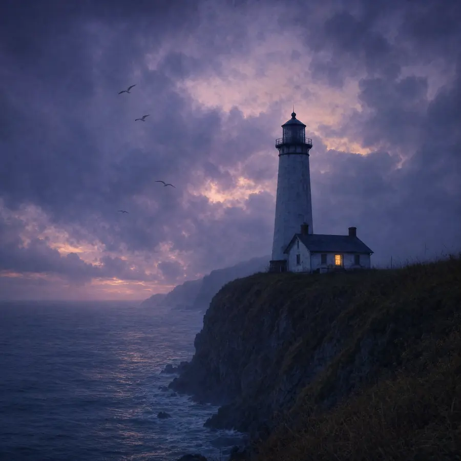 Weißer Leuchtturm mit dunkler Laterne und kleinem Wärterhaus auf einer Klippe zur blauen Stunde