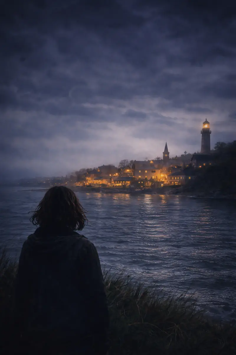 Frau blickt über die Bucht auf die erleuchtete Stadt und den Leuchtturm unter dunklen Wolken