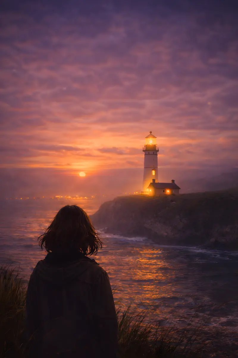 Frau vor dem Leuchtturm im glühenden Sonnenuntergang über dem Meer