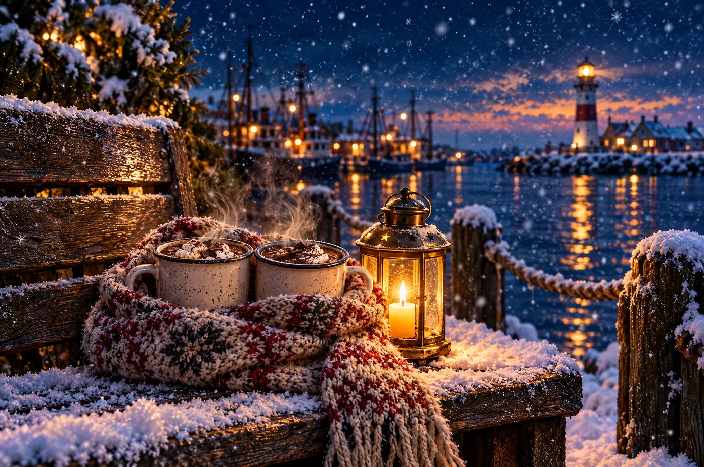 Zwei Becher heißer Kakao, umwickelt von einem Wollschal, auf einer verschneiten Bank am Hafen, daneben eine Laterne, im Hintergrund der Leuchtturm