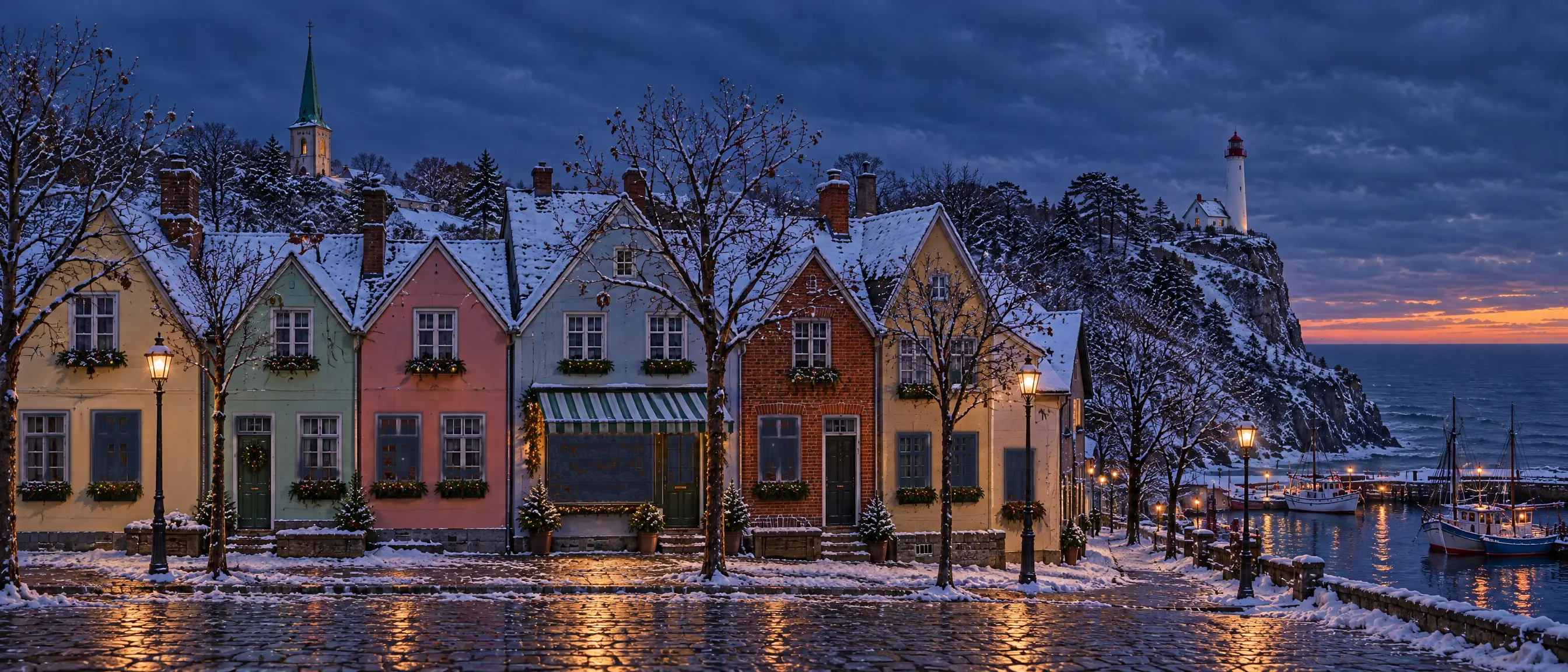 Die verschneite Hauptstraße von Stillwater Bay am Winterabend: niedrige Giebelhäuser in Pastell und Backstein, die Bäckerei mit grün-weißer Markise, dahinter oben der grüne Kirchturm; rechts geht es hinunter zum Hafen mit Fischerbooten, darüber die Klippe mit dem Leuchtturm