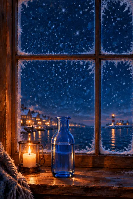 Ein Kirschzweig in einer blauen Glasvase auf einem alten Fensterbrett, daneben eine Kerze; draußen Schnee, der Hafen und der Leuchtturm