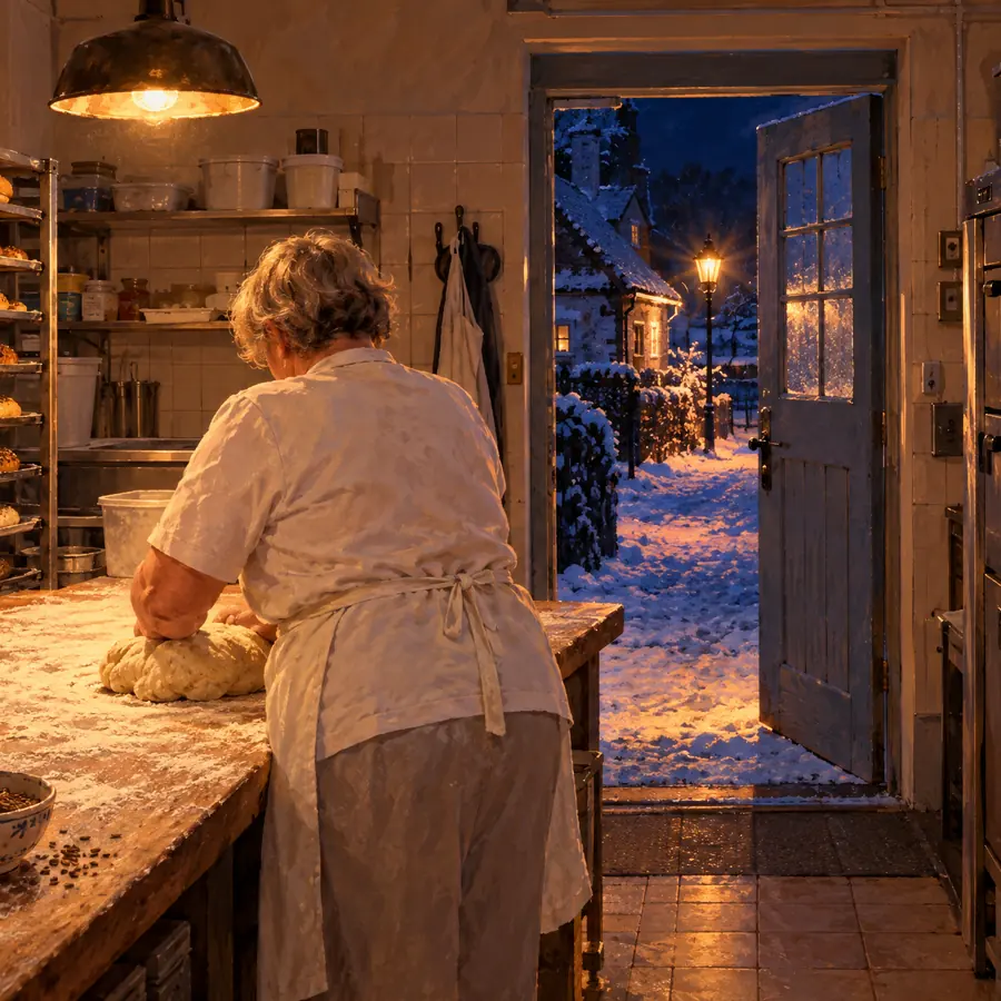 Die Backstube einer kleinen Bäckerei am frühen Wintermorgen: eine kräftige Bäckerin mit weißer Schürze knetet von hinten gesehen Teig auf einem bemehlten Tisch, daneben Bleche mit Brötchen und ein Schälchen Kümmel; die Hintertür steht offen zu einer verschneiten Gasse mit Laterne