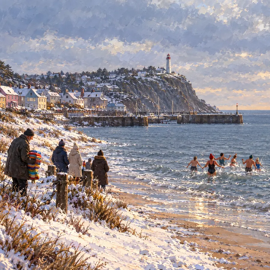 Neujahrsmorgen am verschneiten Strand von Stillwater Bay: ein paar Leute in Badesachen und Wollmützen laufen lachend in die graue Ostsee, eine mit roter Mütze; am Strand hält ein großer gebeugter Mann einen Stapel bunter Handtücher; im Hintergrund die Pastellhäuser, der Hafen und auf der Klippe der weiße Leuchtturm mit rotem Kopf
