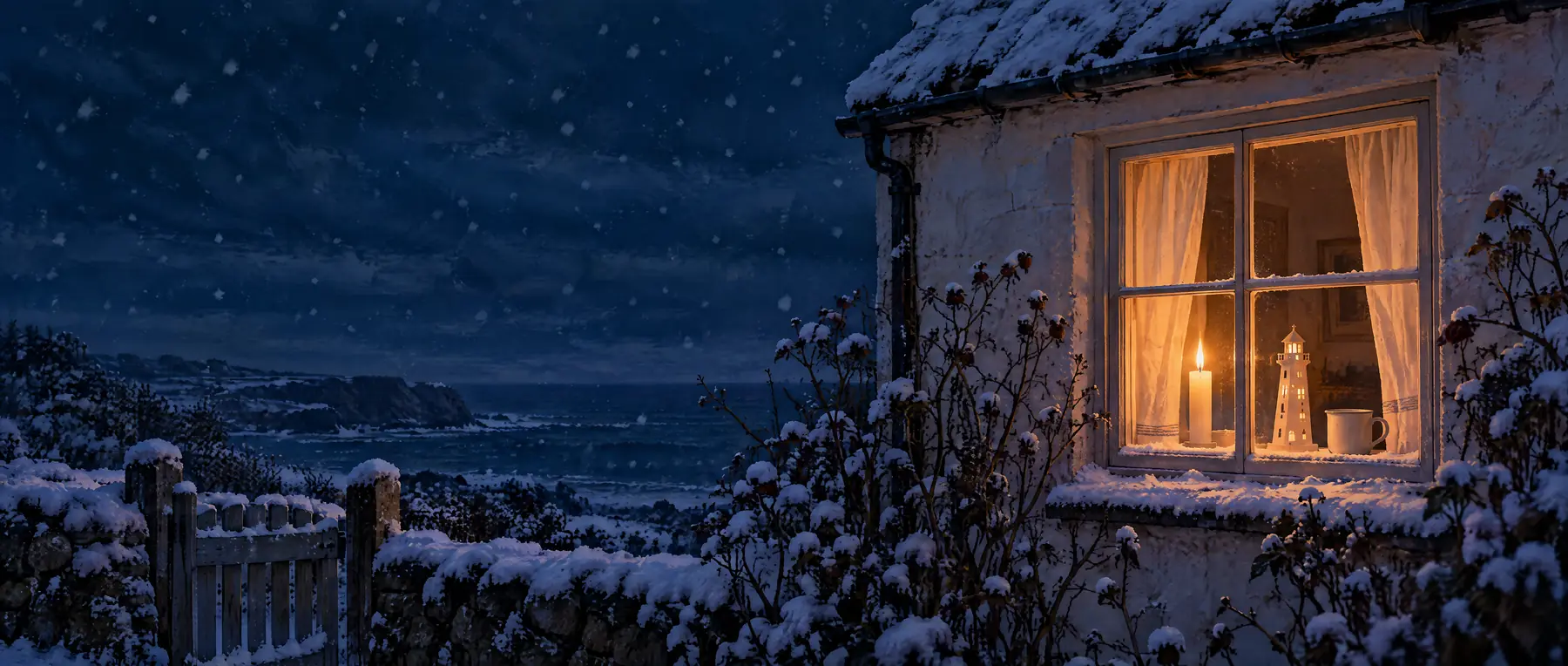 Das Küchenfenster eines weißen Hauses in einer verschneiten Winternacht von außen: hinter den Sprossen brennt eine weiße Kerze, daneben ein Papierleuchtturm und eine weiße Tasse; links Gartenpforte und Steinwall, dahinter Klippe und Meer