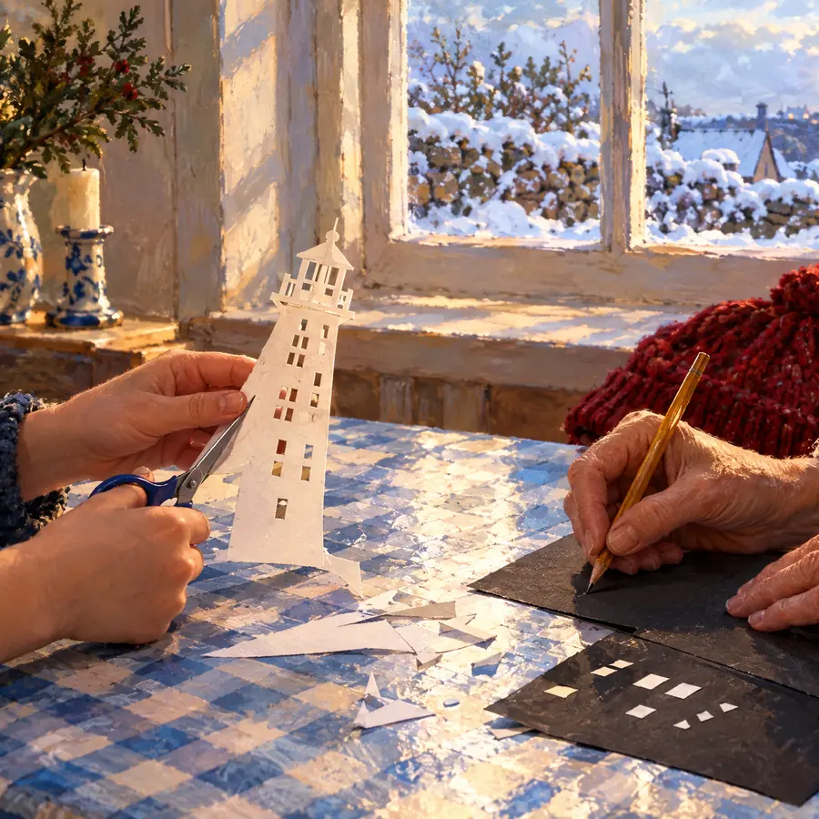 Kinderhände schneiden am blau-weiß karierten Küchentisch einen Leuchtturm mit vielen kleinen Fenstern aus weißem Papier, gegenüber zeichnen die Hände einer älteren Frau auf schwarzem Papier, auf der Bank liegt eine rote Strickmütze, draußen Schnee